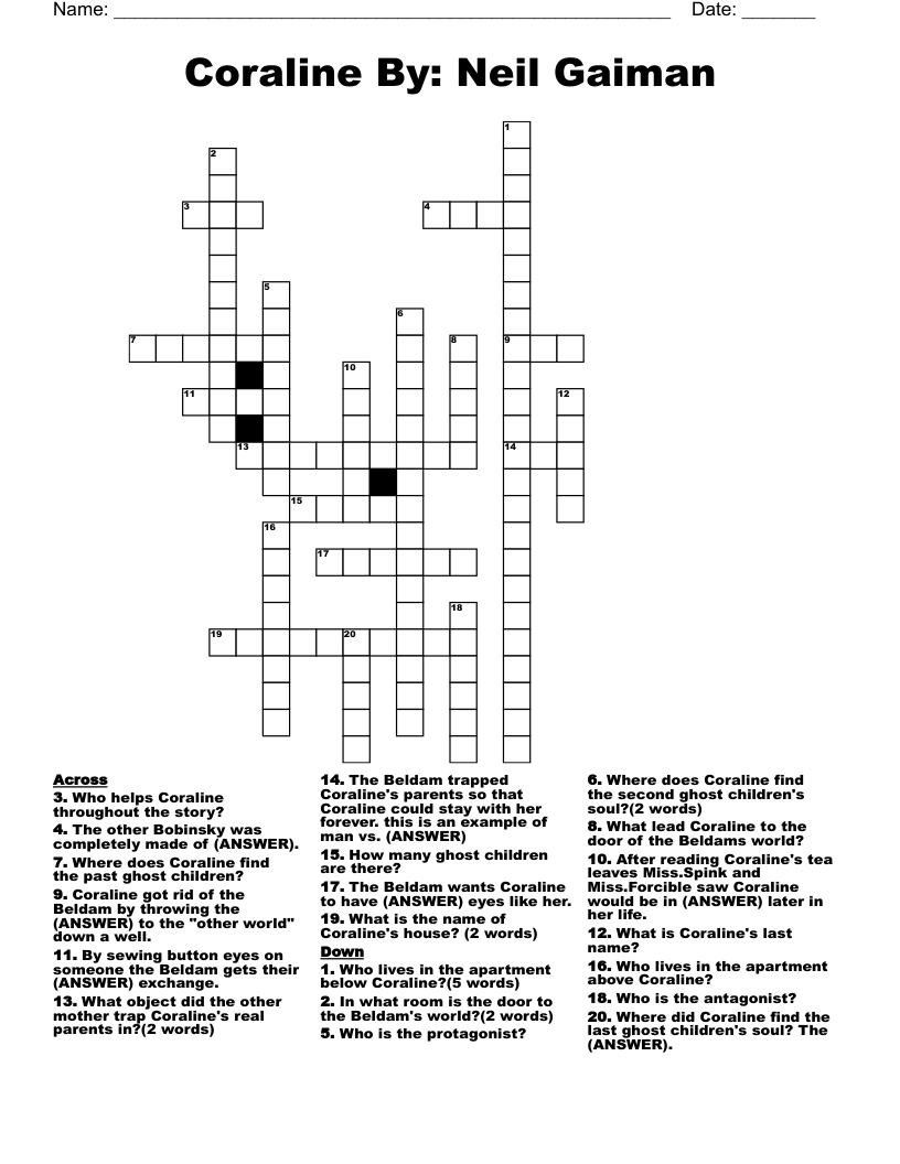 Coraline               By: Neil Gaiman Crossword