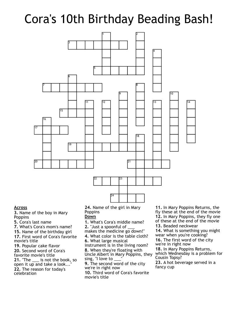 Cora's 10th Birthday Beading Bash! Crossword