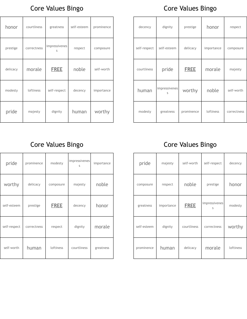 Core Values Bingo