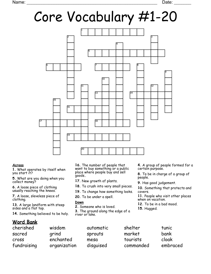 Core Vocabulary #1-20 Crossword