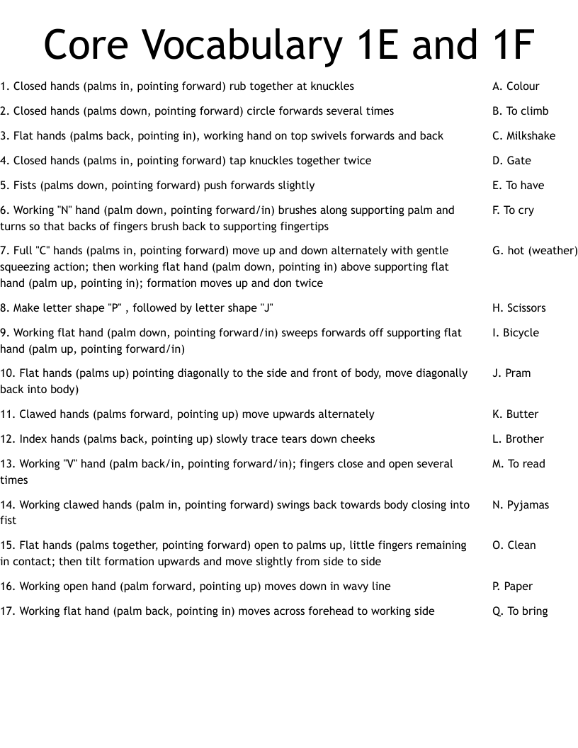 Core Vocabulary 1E and 1F Worksheet