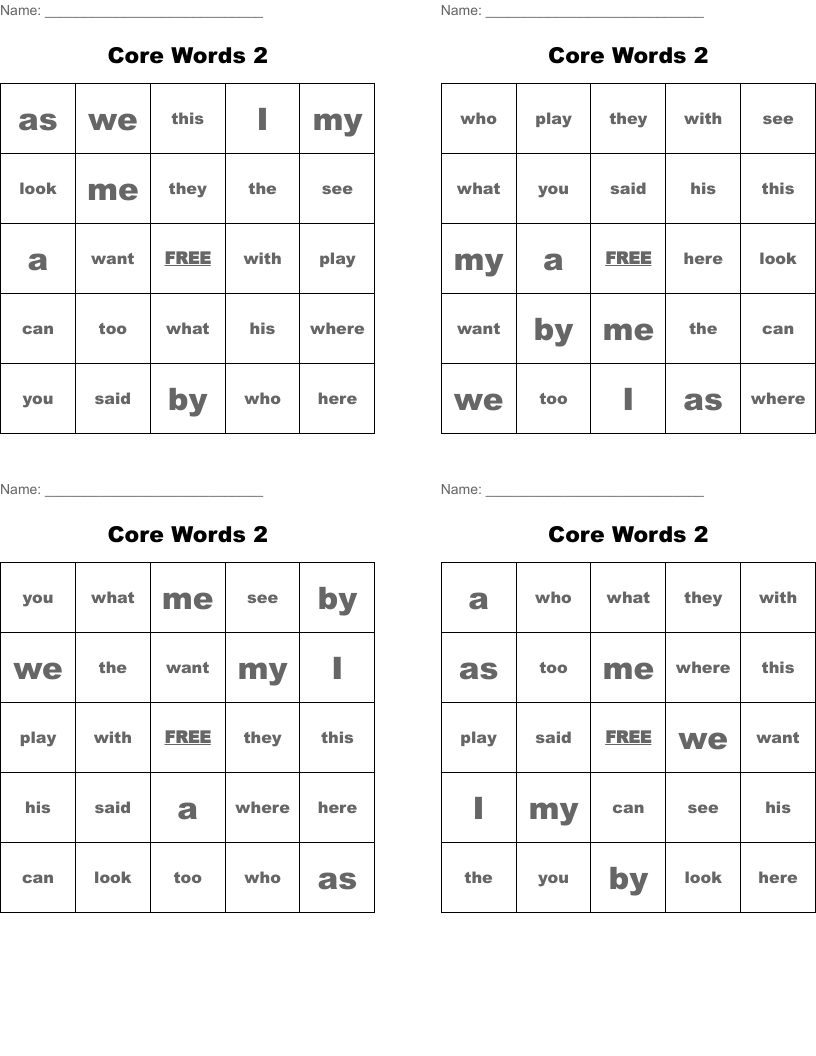 Core Words 2 Bingo Cards