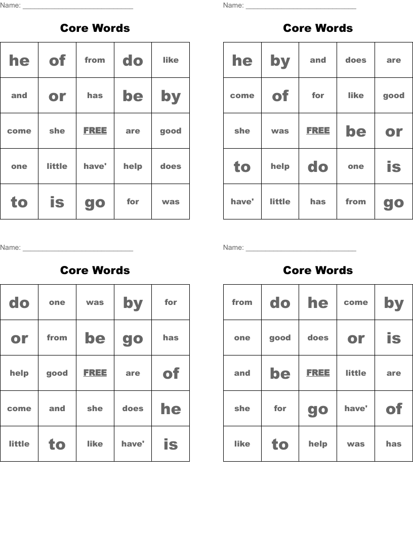Core Words Bingo Cards