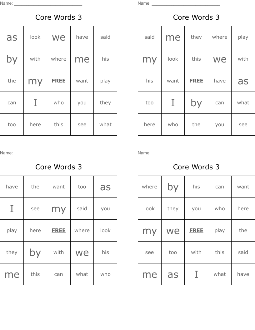 Core Words 3 Bingo Cards