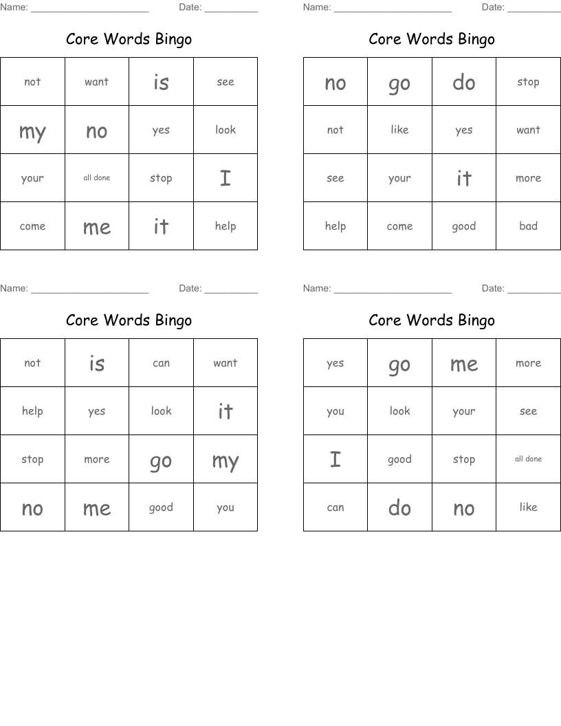 Core Words Bingo