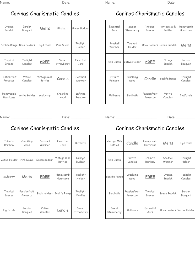 Corinas Charismatic Candles Bingo Cards