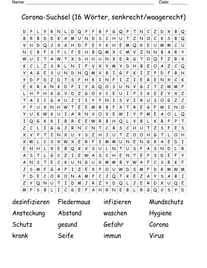 Corona-Suchsel (16 Wörter, senkrecht/waagerecht) Word Search
