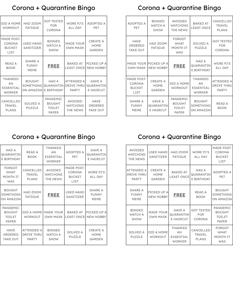 Corona + Quarantine Bingo