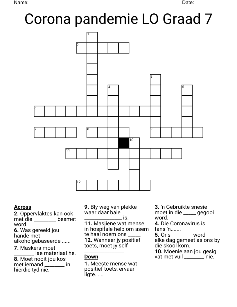 Corona pandemie LO Graad 7 Crossword