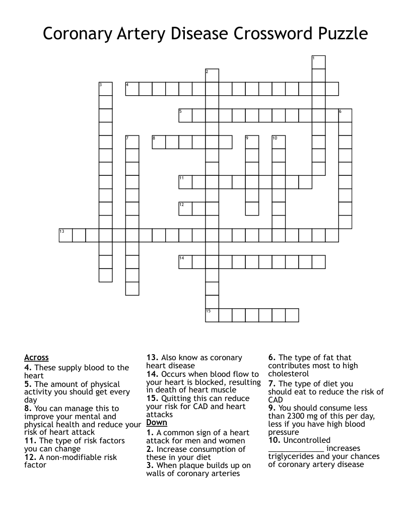Coronary Artery Disease Crossword Puzzle