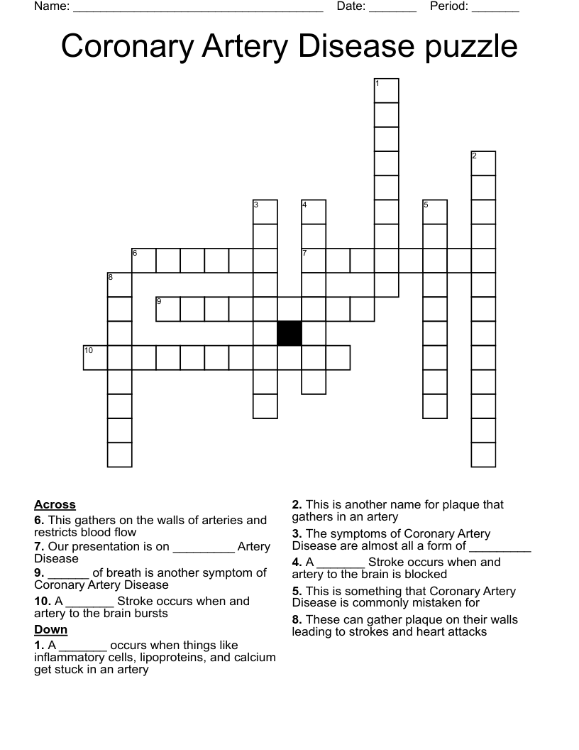 Coronary Artery Disease puzzle Crossword