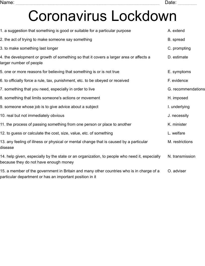 Coronavirus Lockdown Worksheet