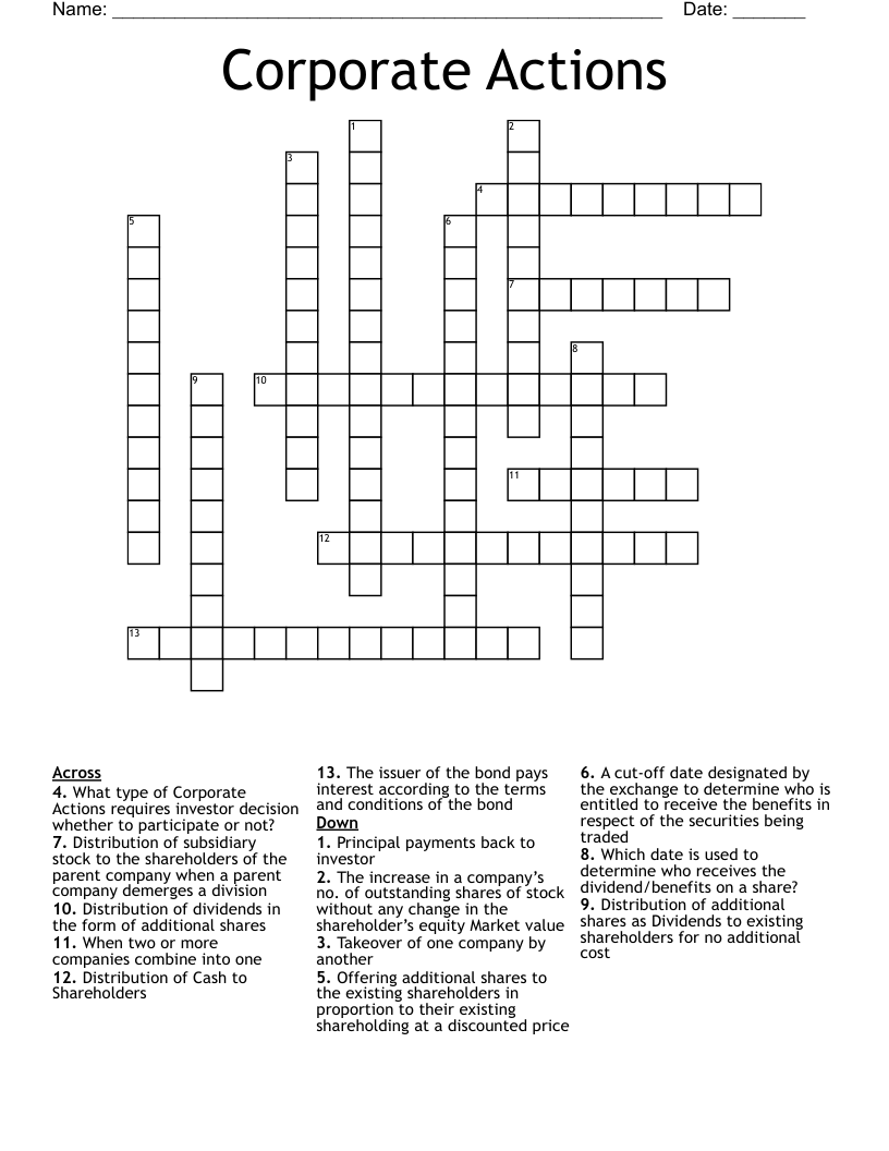 Corporate Actions Crossword