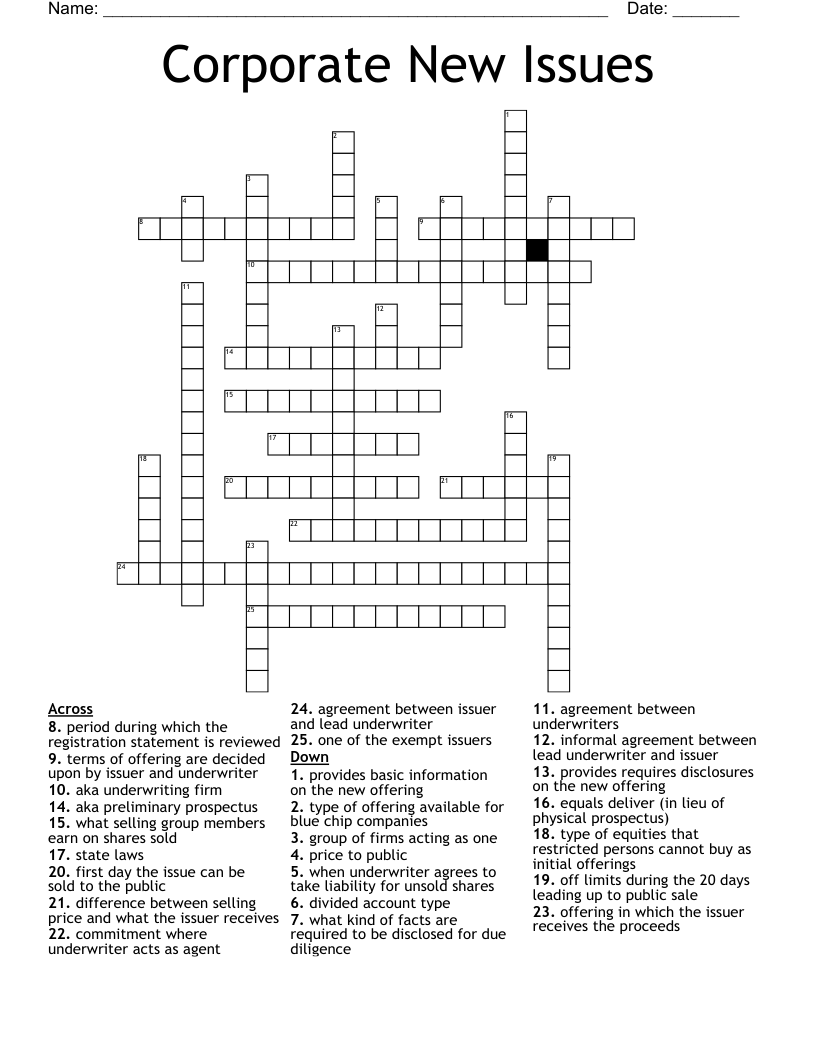 Corporate New Issues Crossword