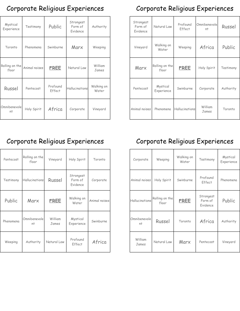 Corporate Religious Experiences Bingo Cards