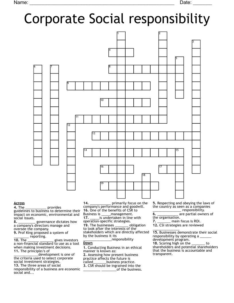 Corporate Social responsibility Crossword