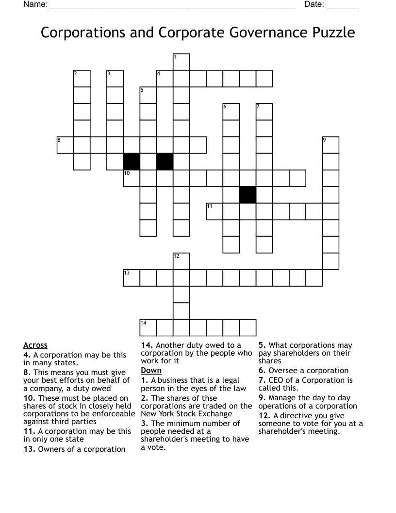 Corporations and Corporate Governance Puzzle Crossword