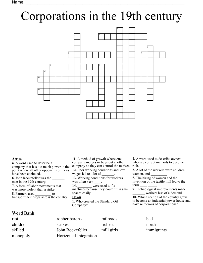 Corporations in the 19th century Crossword