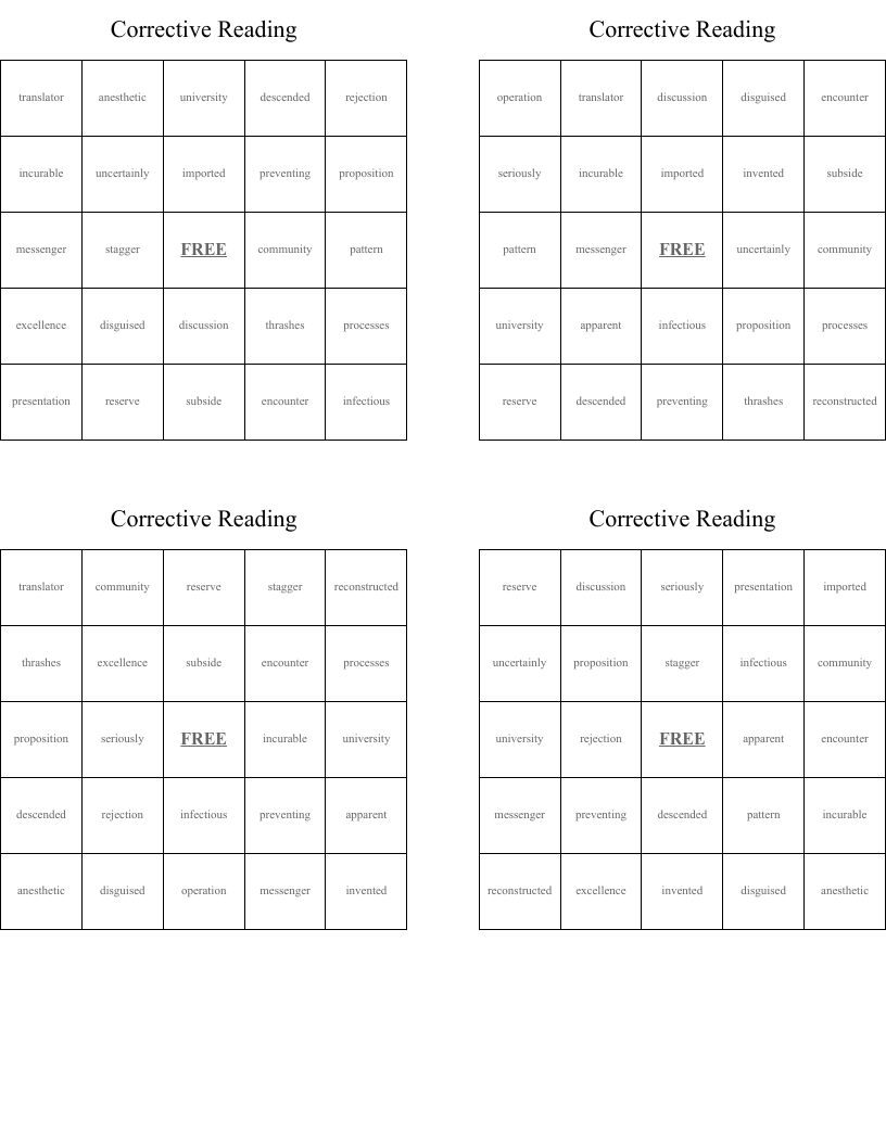 Corrective Reading Bingo Cards