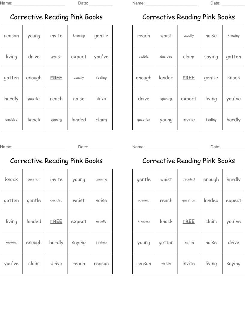 Corrective Reading Pink Books Bingo Cards