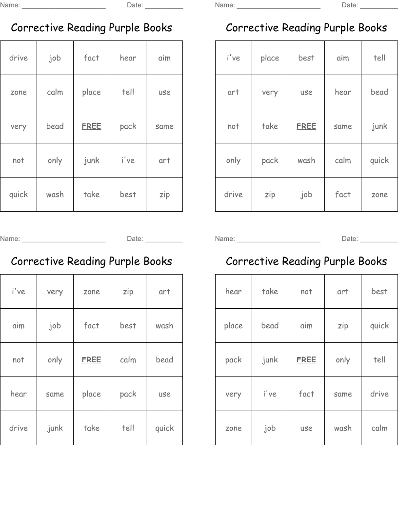 Corrective Reading Purple Books Bingo Cards