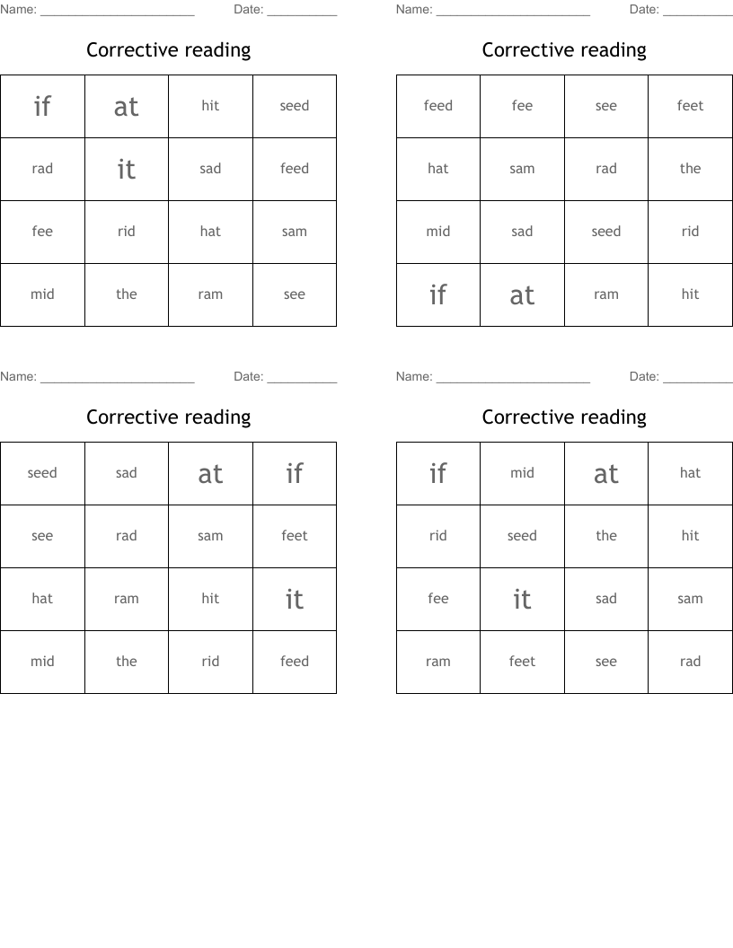 Corrective reading  Bingo Cards