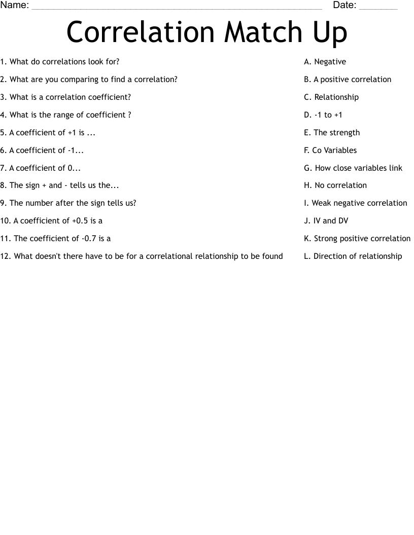Correlation Match Up Worksheet
