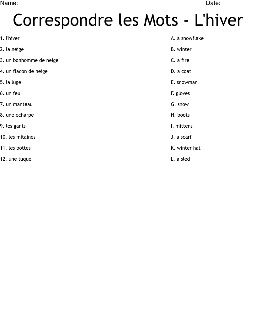 Correspondre les Mots - L'hiver Worksheet
