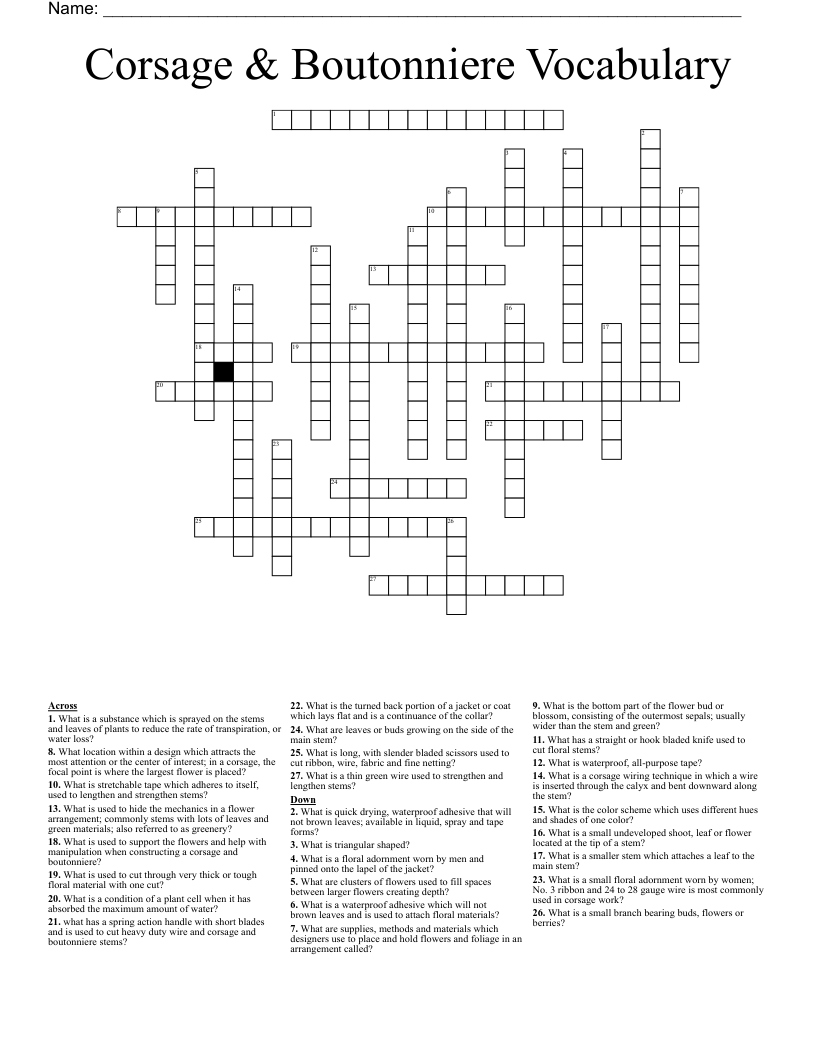 Corsage & Boutonniere Vocabulary Crossword