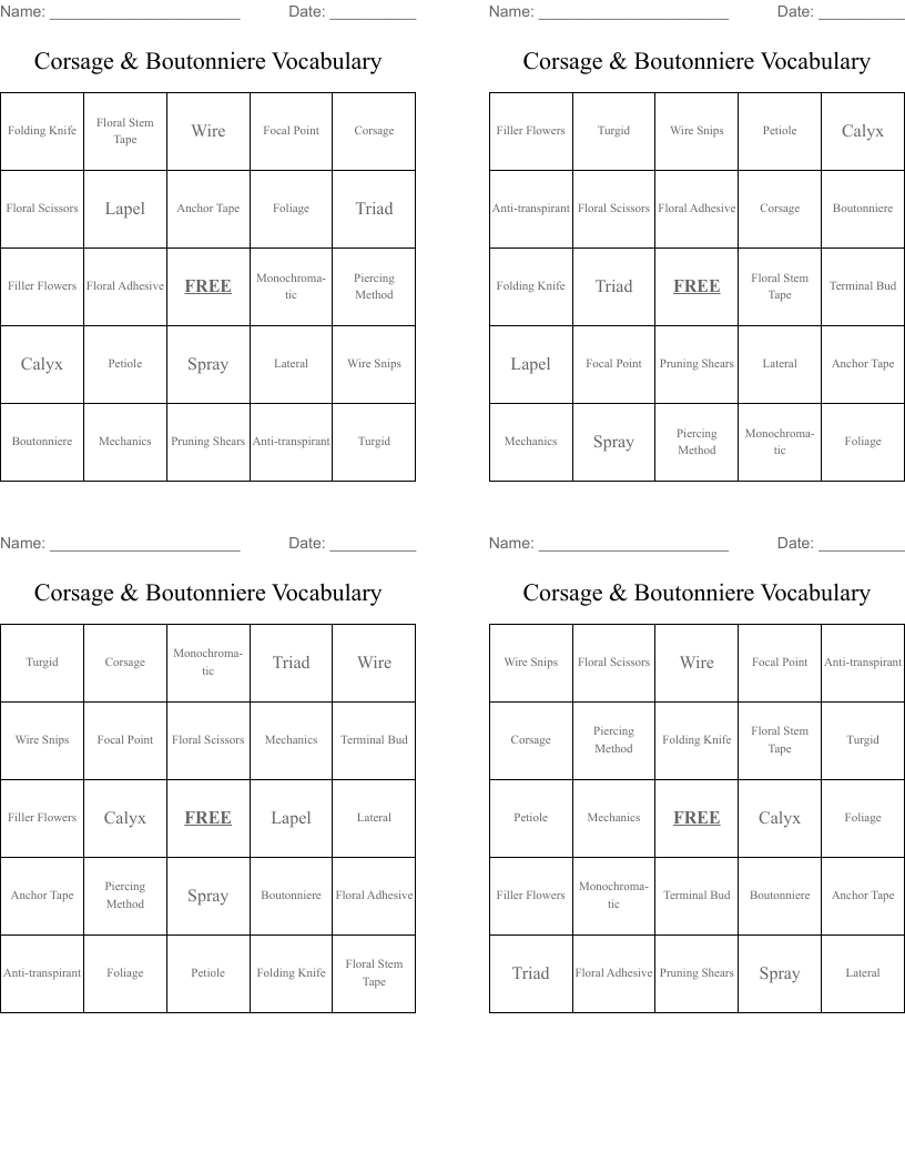 Corsage & Boutonniere Vocabulary  Bingo Cards