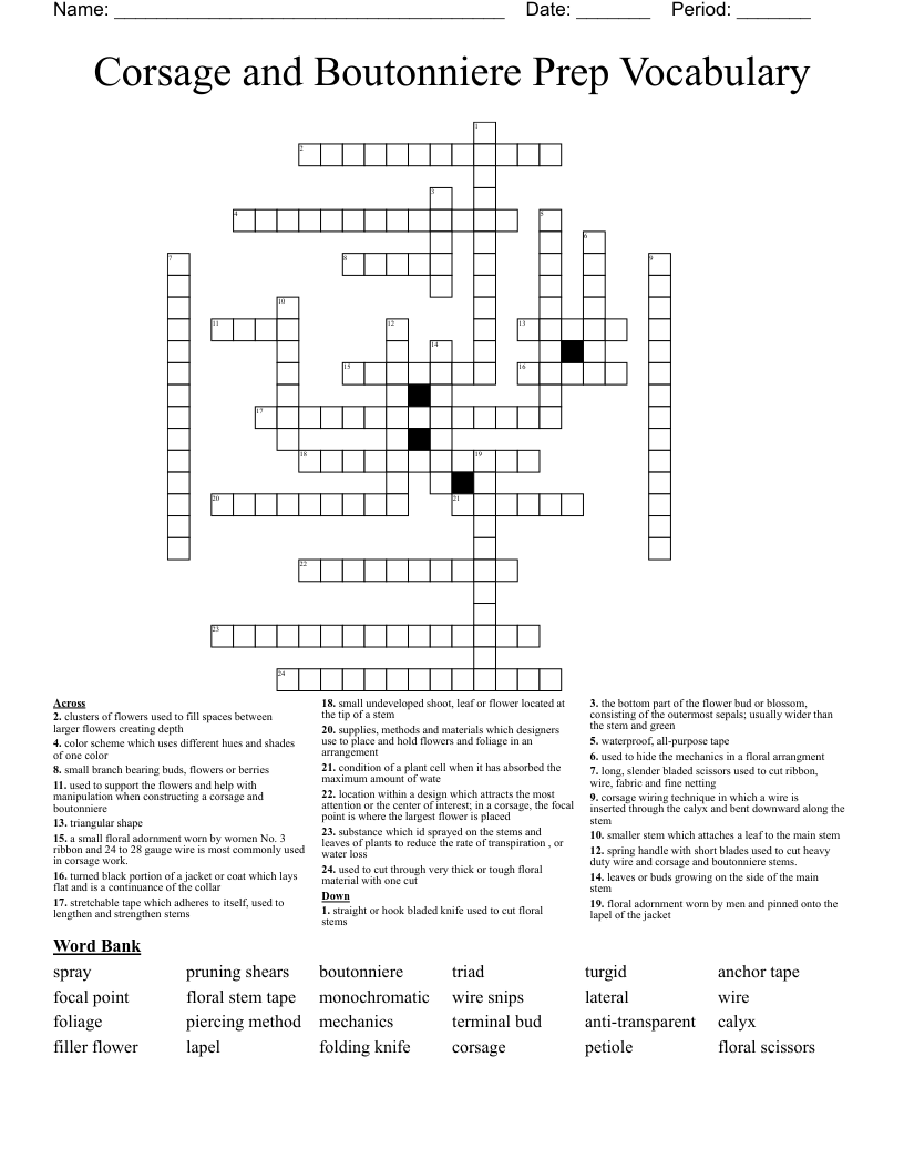 Corsage and Boutonniere Prep Vocabulary Crossword