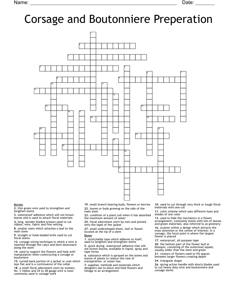 Corsage and Boutonniere Preperation Crossword