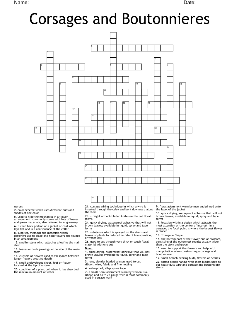 Corsages and Boutonnieres Crossword