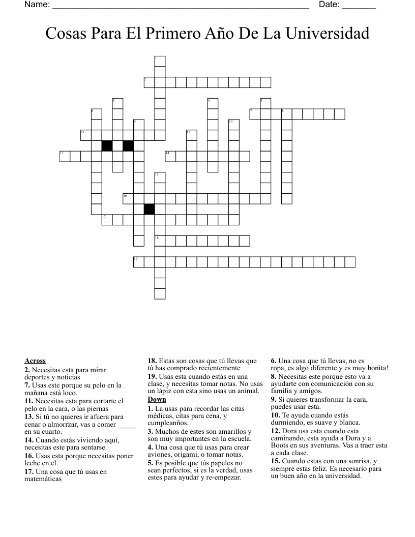 Cosas Para El Primero Año De La Universidad  Crossword