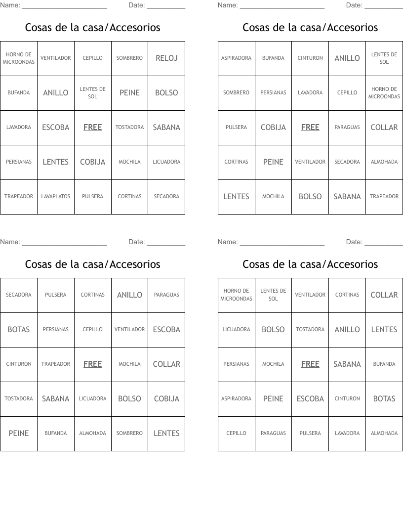 Cosas de la casa/Accesorios Bingo Cards