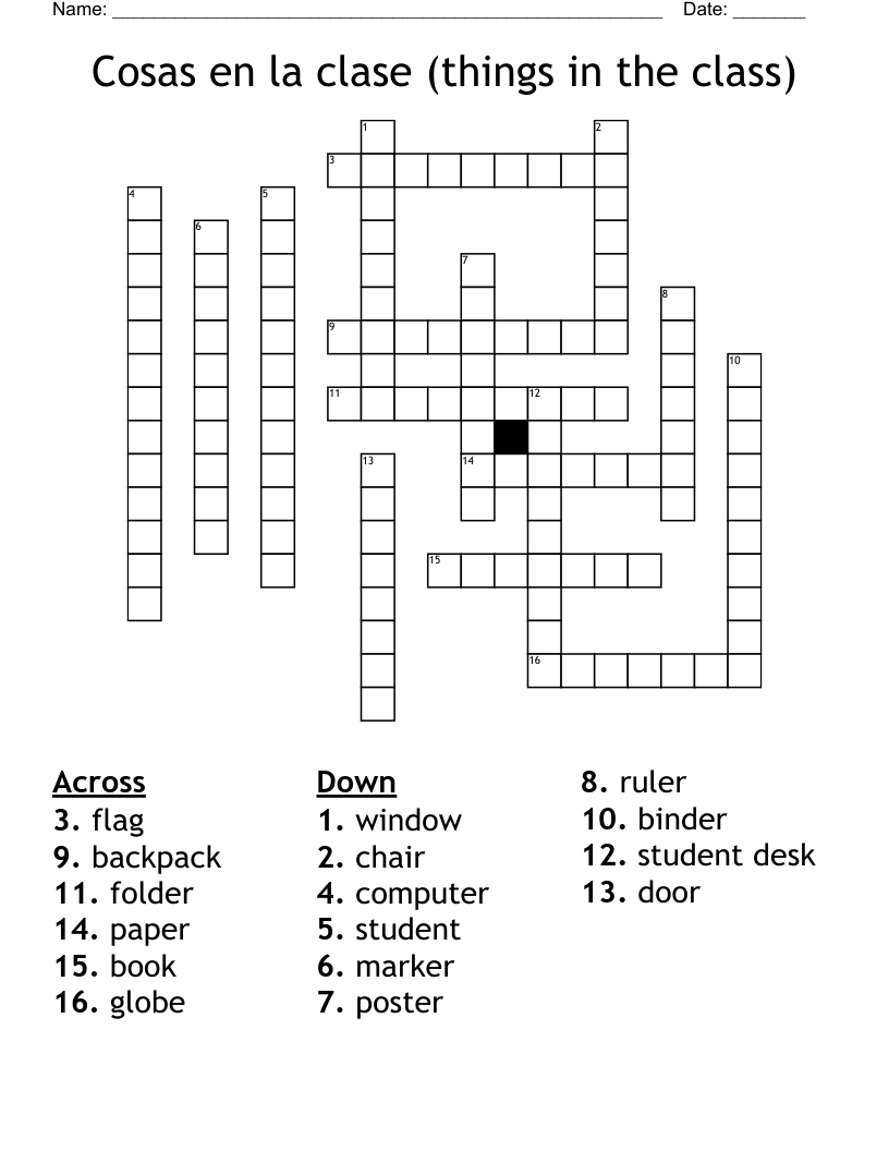 Cosas en la clase (things in the class) Crossword