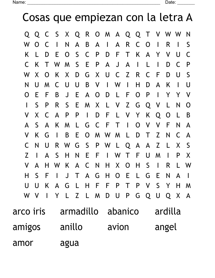 Cosas que empiezan con la letra A Word Search
