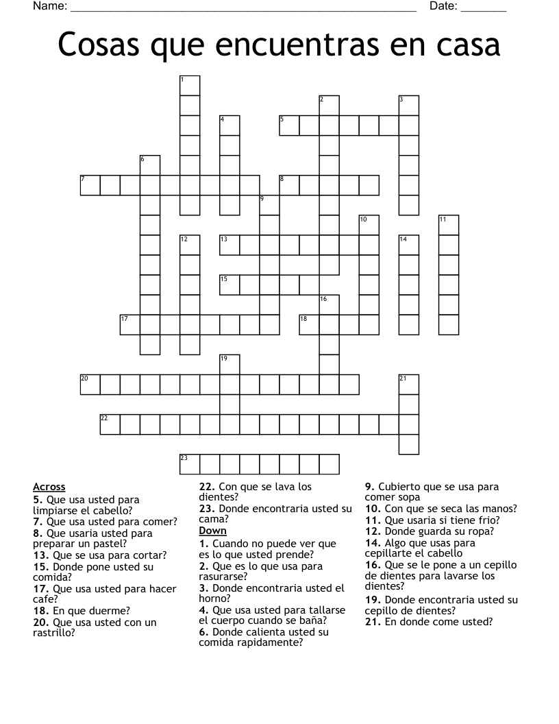 Cosas que encuentras en casa Crossword