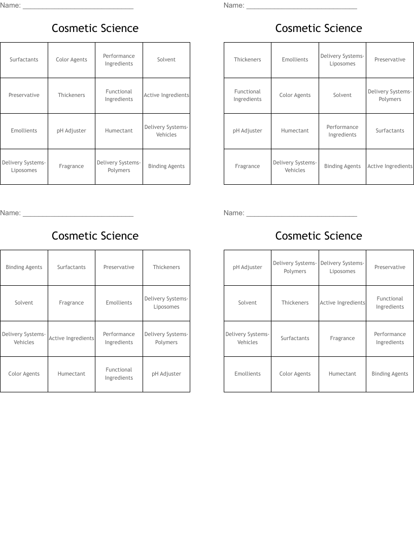 Cosmetic Science Bingo Cards