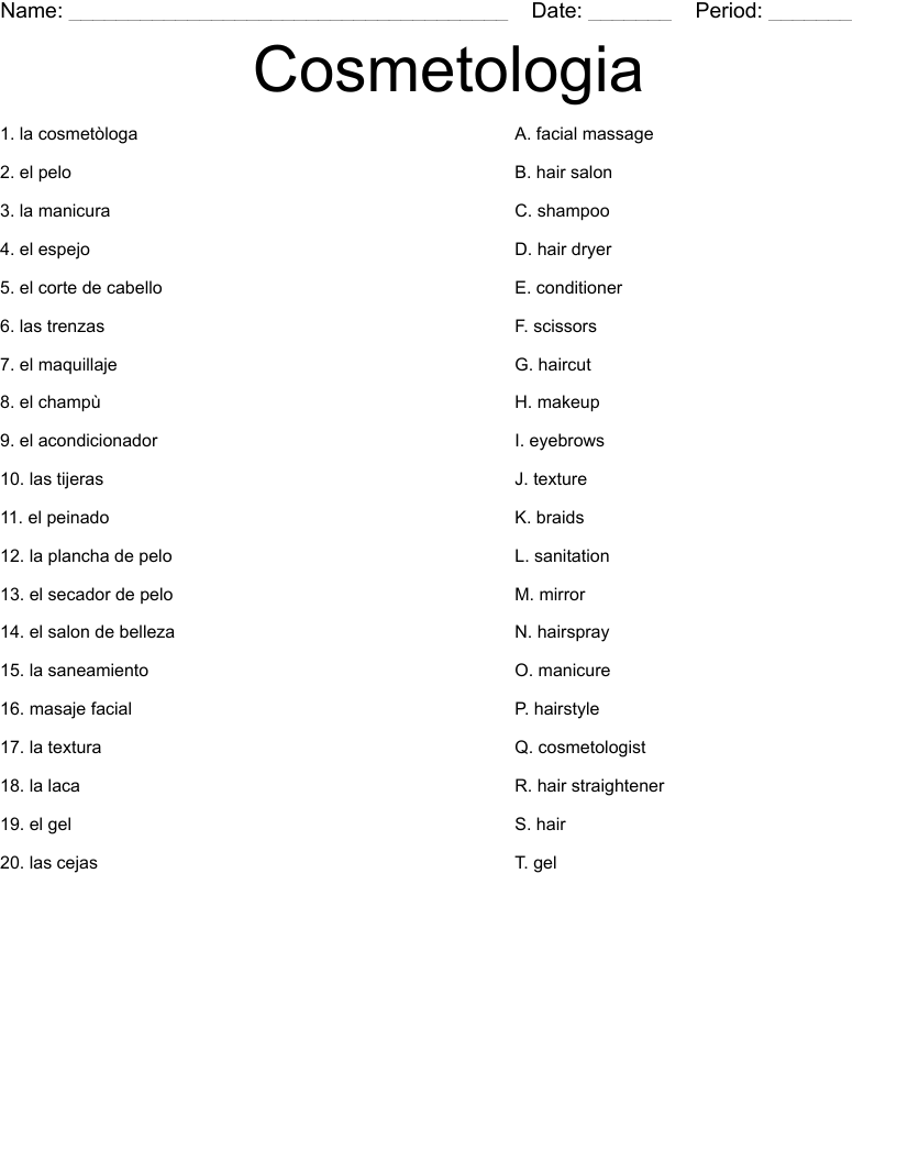 Cosmetologia Worksheet