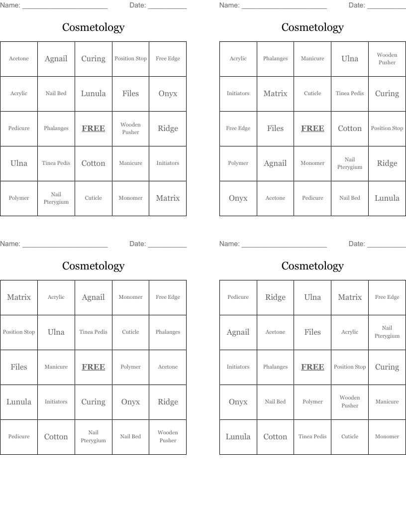 Cosmetology Bingo Cards