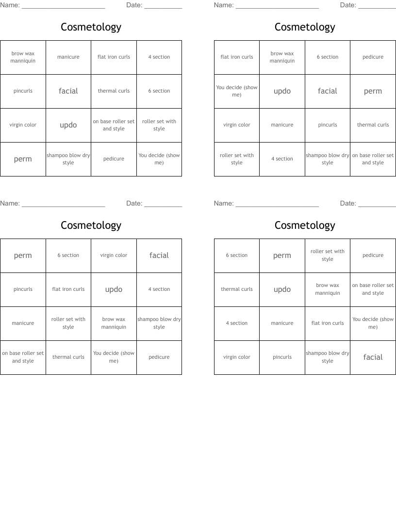 Cosmetology Bingo Cards