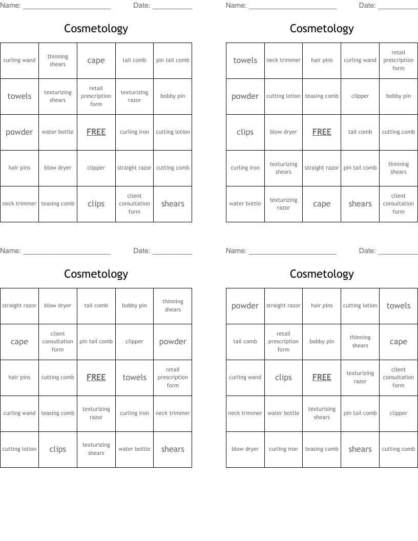 Cosmetology Bingo Cards