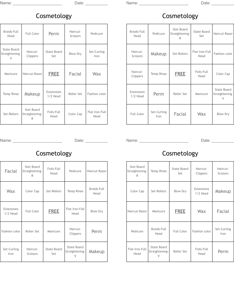 Cosmetology Bingo Cards
