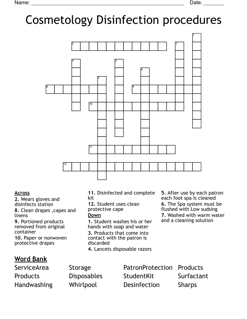 Cosmetology Disinfection procedures Crossword