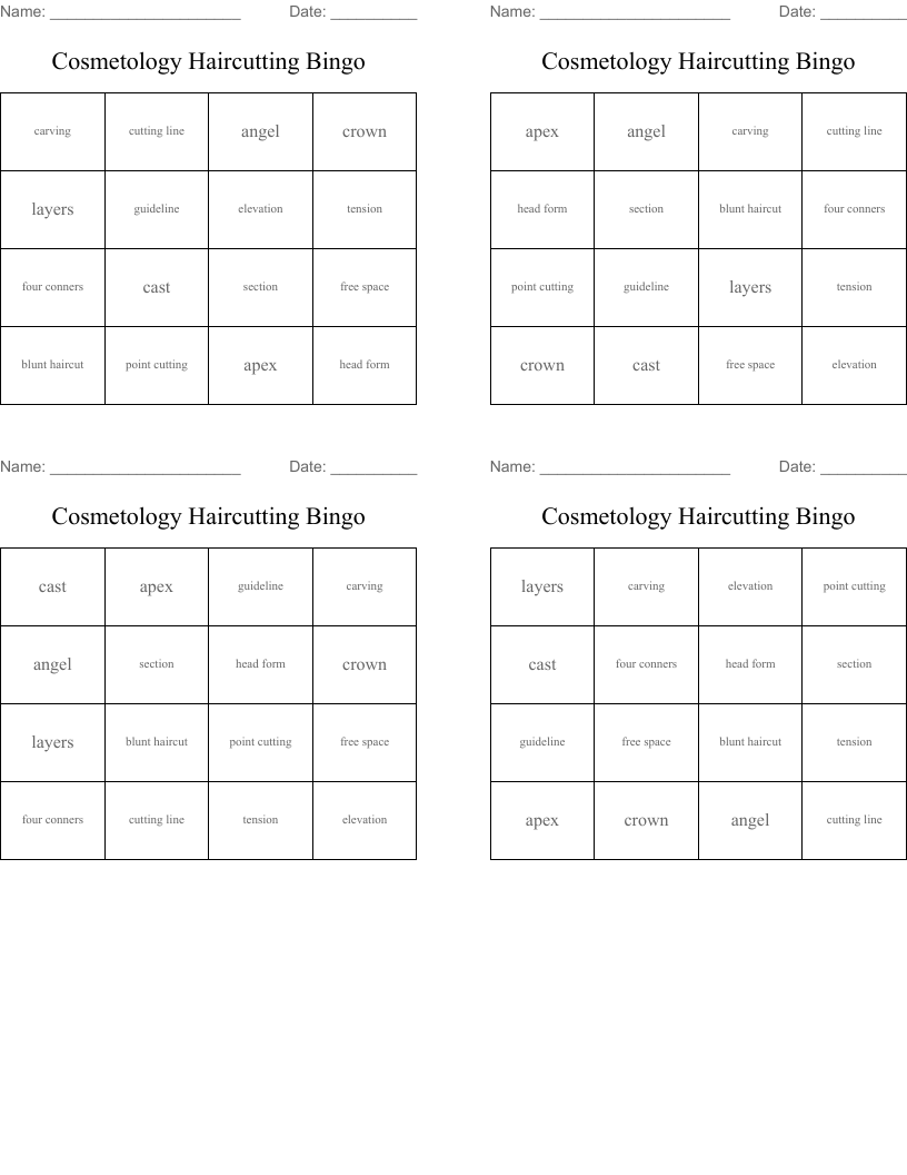 Cosmetology Haircutting Bingo