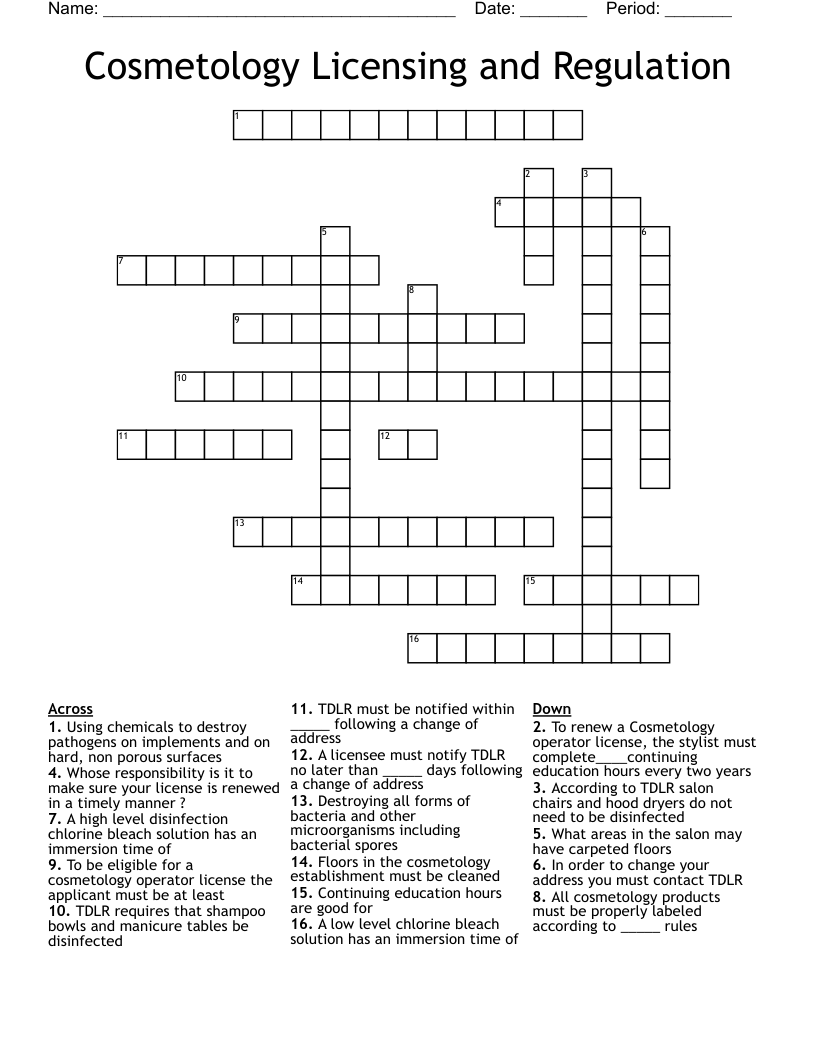 Cosmetology Licensing and Regulation Crossword