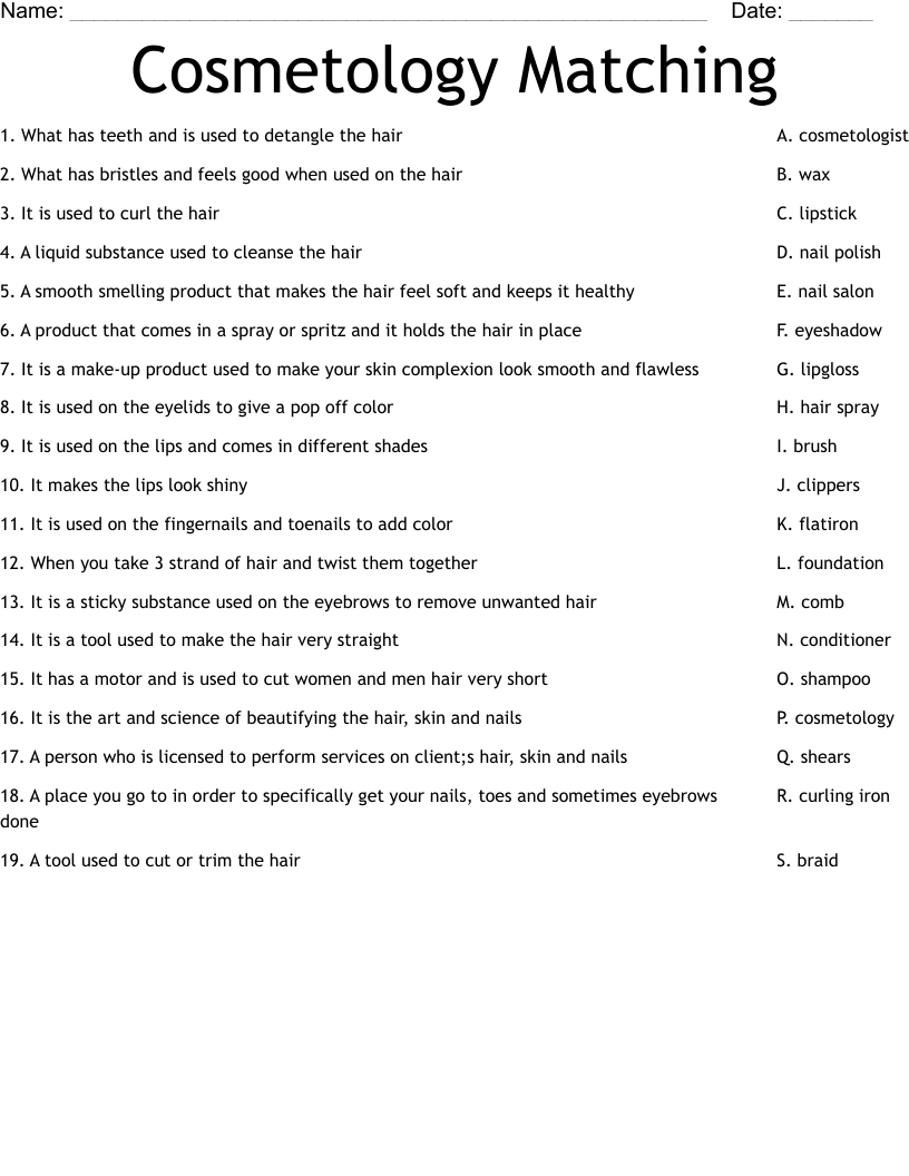 Cosmetology Matching  Worksheet