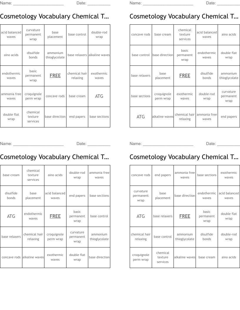 Cosmetology Vocabulary Chemical Texture Bingo Cards
