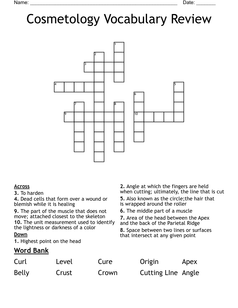 Cosmetology Vocabulary Review  Crossword